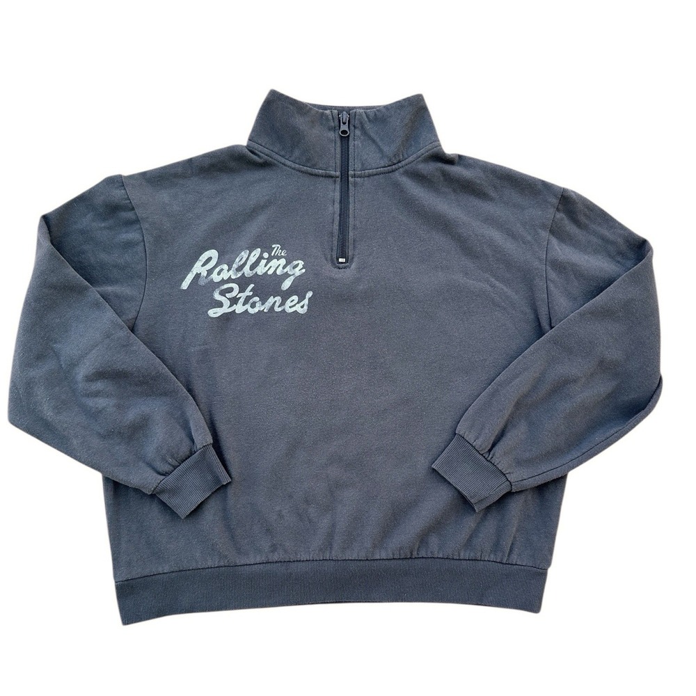 Rolling Stones Cropped Sweatshirt Size Small 1/4 Zip Pullover Gray Rock N Roll